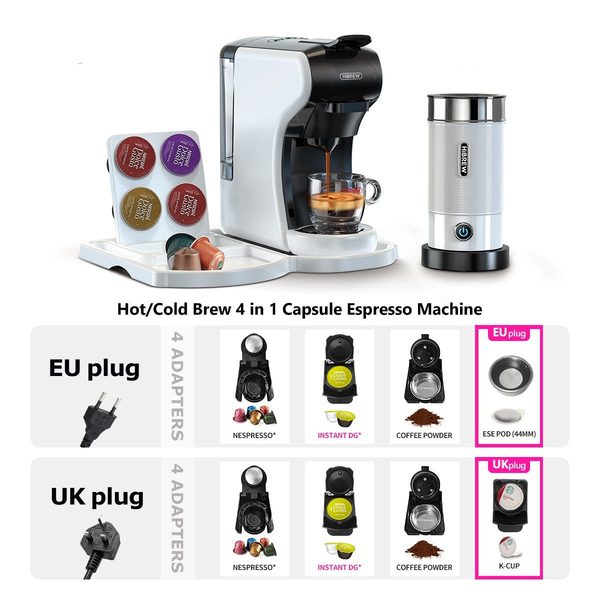 Hot Cold Brew Coffee Machine 4 in1 Multiple Capsule Espresso Pod Maker With  Tray